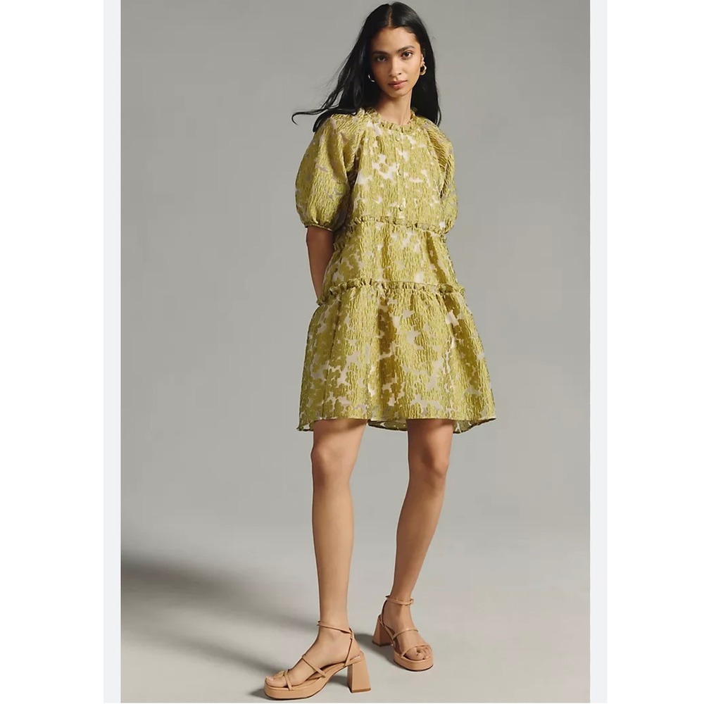 Anthropologie Green and White Mini Dress